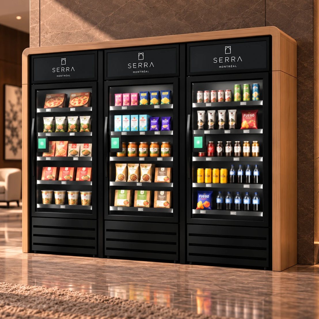 Le même marché dans un habillage effet bois, avec le logo de l'immeuble Serra au-dessus de chaque porte
