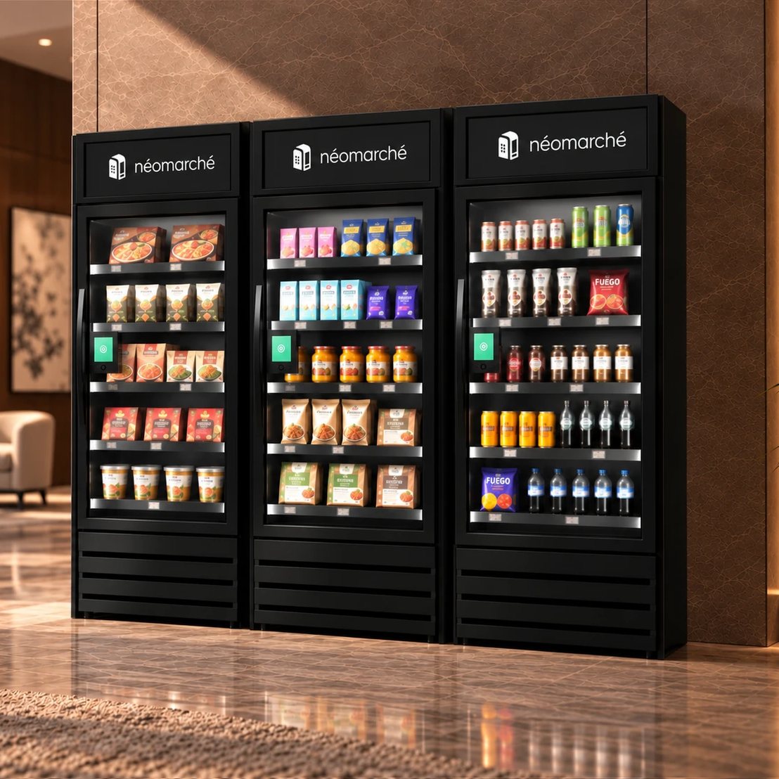 Le même marché à trois portes, standard : unités noires aux couleurs de néomarché, sans habillage