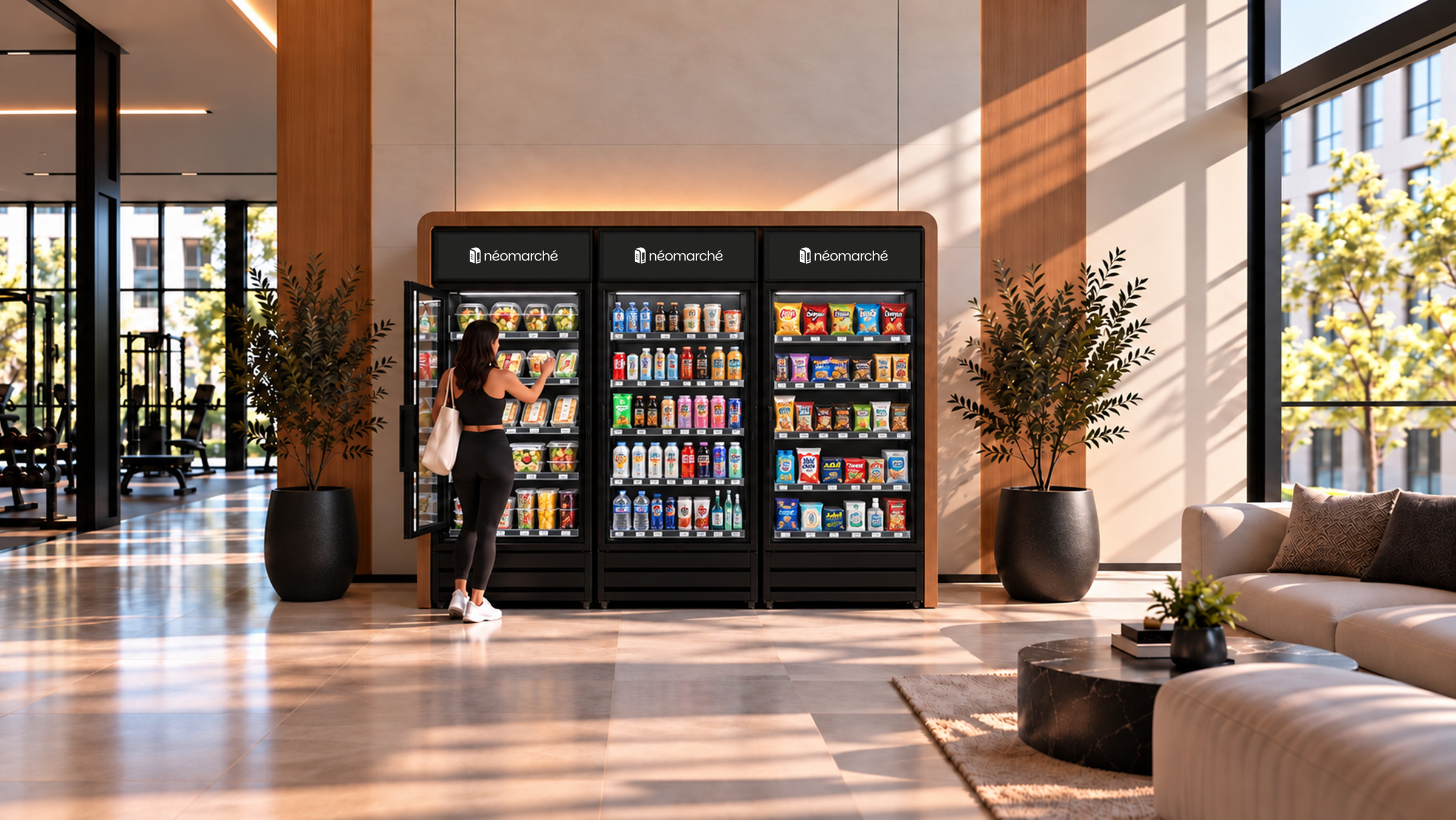 Une résidente prend un repas au marché néomarché, dans le hall lumineux d'un immeuble, à côté du gym